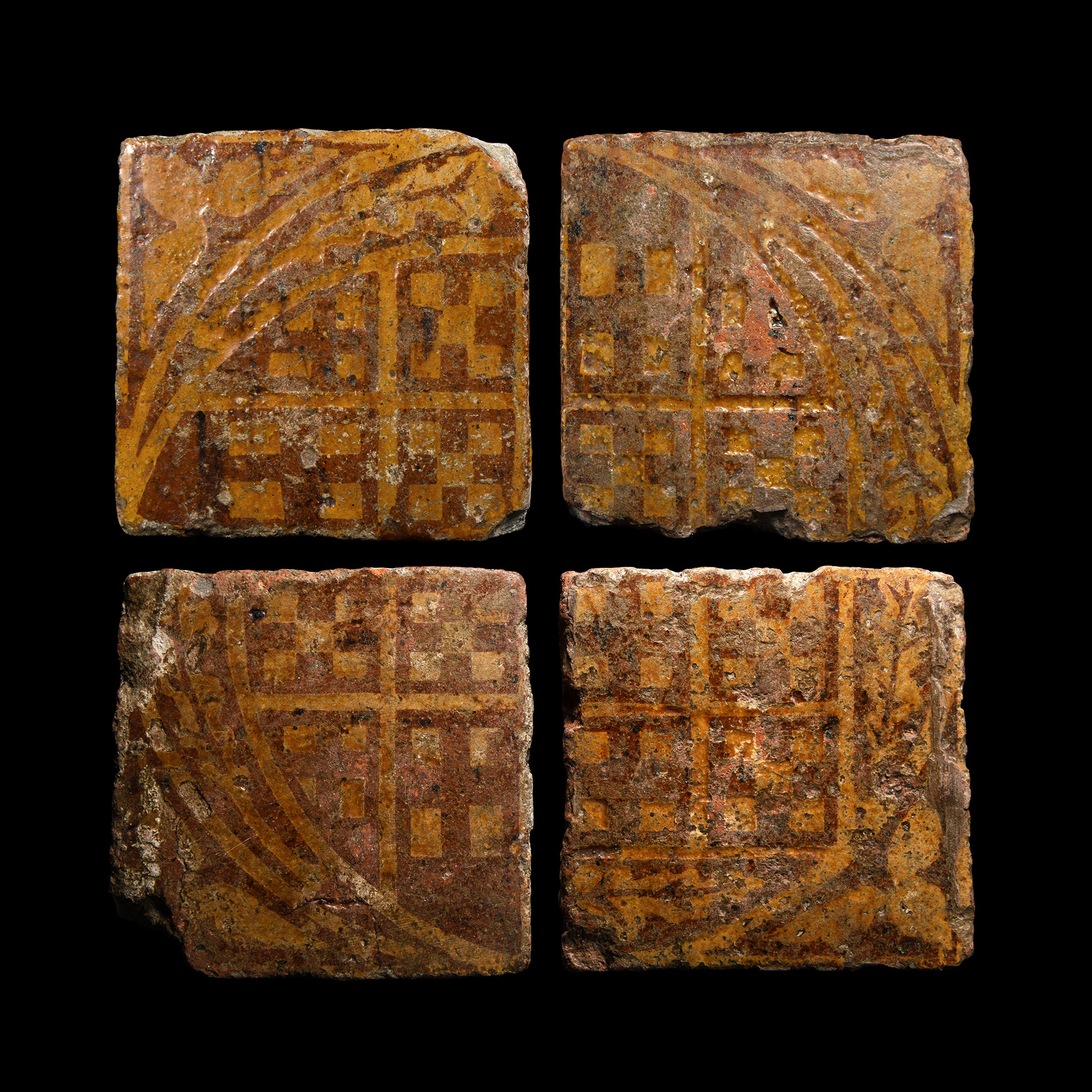 Medieval English Glazed Floor Tile Set with Heraldic Design