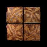 Medieval English Glazed Floor Tile Set with Oak Leaf Design