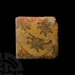 Medieval English Glazed Floor Tile with Heraldic Shield and Three Crowned Lions