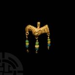Sassanian Gold Bird Pendant with Bead Drops