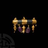 Roman Gold Bar Pendant with Menorah and Bead Drops