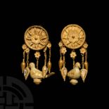 Greek Gold and Enamel Earrings with Birds and Flowers