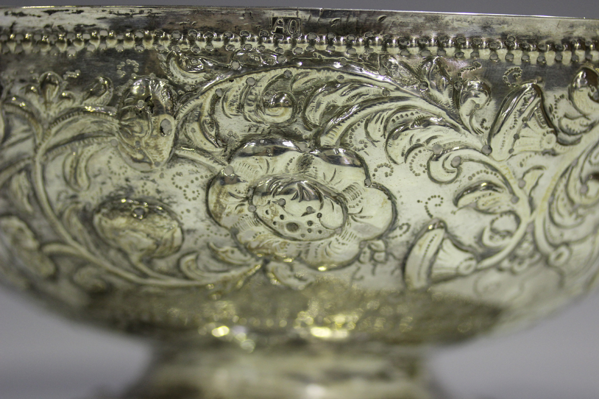 A 19th century Continental silver oval bowl, the body decorated in relief with a band of flowers and - Image 6 of 6