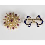 A 9ct gold, ruby and seed pearl set brooch, designed as a starburst, weight 5.5g, width 2.9cm, and a