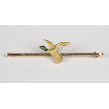 A three colour gold and enamelled bar brooch, designed as a flying duck, detailed 'Platm 15ct',