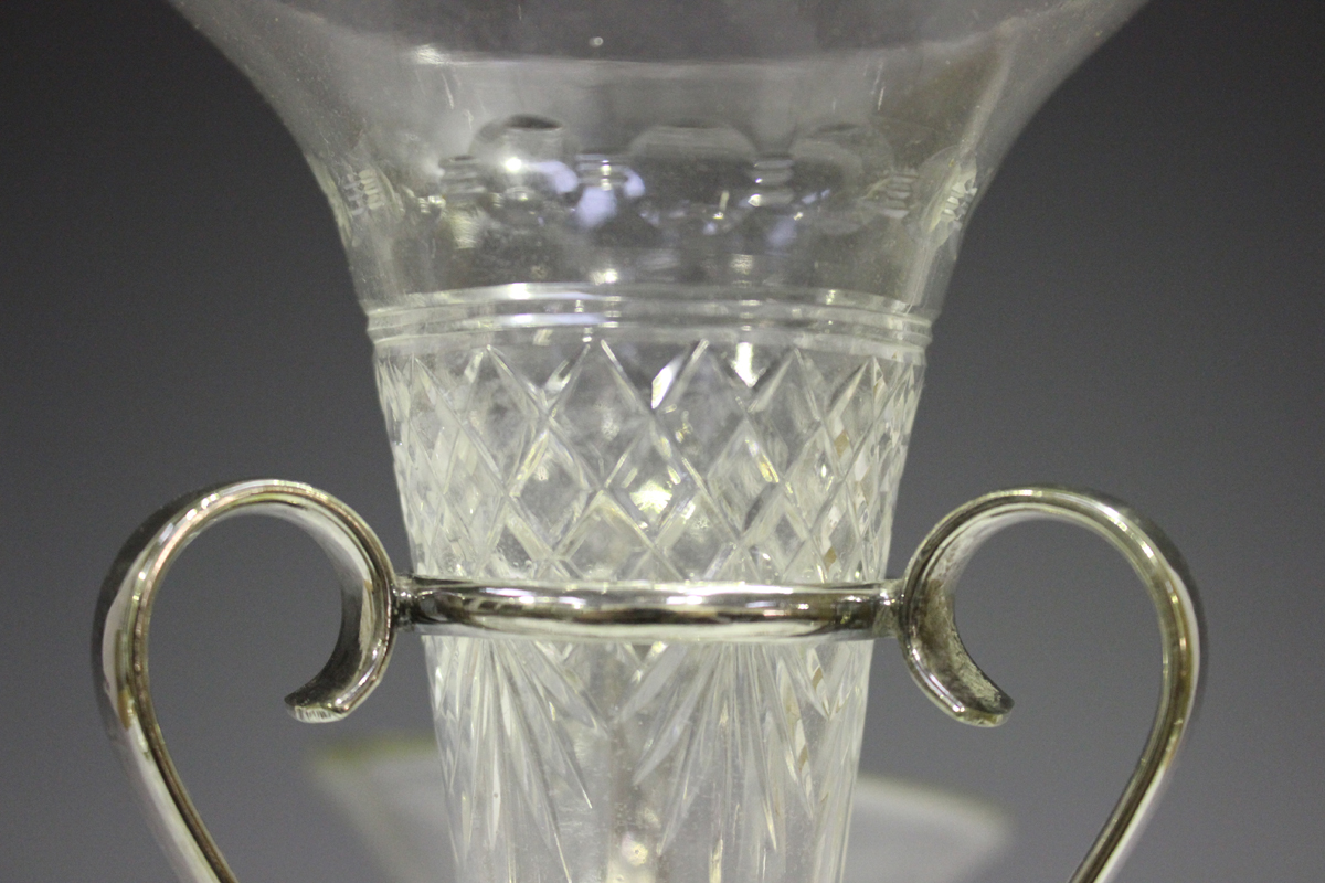 An early 20th century plated epergne, fitted with four glass trumpets, height 33.5cm (one trumpet - Image 2 of 7