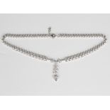 A .925 silver and cubic zirconia collar necklace in a graduated twin leaf link design, the front