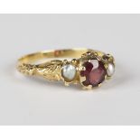 A Victorian gold, garnet and half-pearl set ring, weight 1.6g, ring size approx K, and a collar