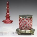 A late Victorian plate mounted cranberry flash overlay and clear cut glass cylindrical biscuit