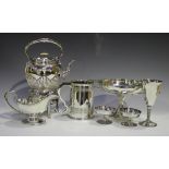 A collection of assorted plated items, including a Walker & Hall four-piece tea set, a circular
