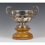 An Edwardian silver two-handled rose bowl/cup, the circular body engraved with a crest and