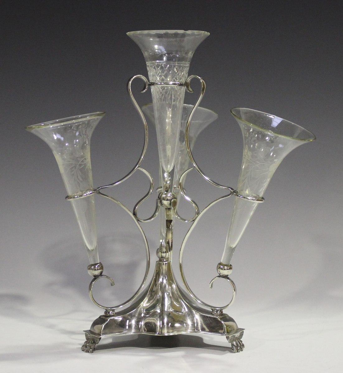 An early 20th century plated epergne, fitted with four glass trumpets, height 33.5cm (one trumpet - Image 5 of 7