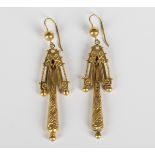 A pair of Victorian gold pendant earrings with applied wirework and beaded decoration, with hook