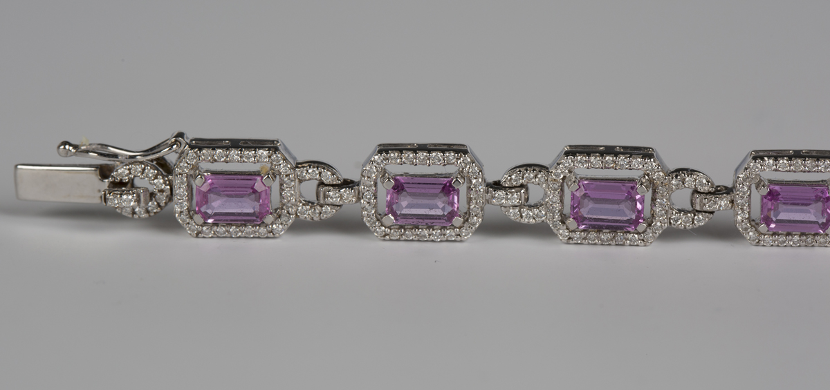 An 18ct white gold, pink sapphire and diamond bracelet, each canted corner rectangular link claw set - Image 2 of 5