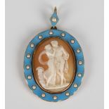 A Victorian gold, shell cameo, pale blue enamelled and half-pearl set oval pendant, carved as two