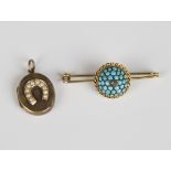 A gold, turquoise and rose cut diamond set cluster bar brooch, star set with a rose cut diamond on a