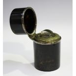 A late Victorian silver and tortoiseshell mounted cylindrical smelling salts jar with hinged lid and