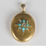 A Victorian gold, diamond and turquoise set oval pendant locket, the front with an applied starburst