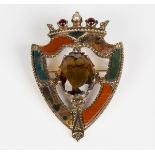 A Victorian Scottish gold, citrine, carbuncle garnet, half-pearl and vari-coloured agate pendant