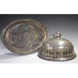 A late Victorian Elkington & Co plated oval meat dome with engraved decoration, length 35cm,