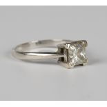 A 9ct white gold and moissanite solitaire ring, mounted with a princess cut moissanite, weight 2.4g,