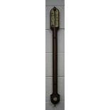 A Victorian mahogany stick barometer, the ivory dial with mercury thermometer and vernier scale, the