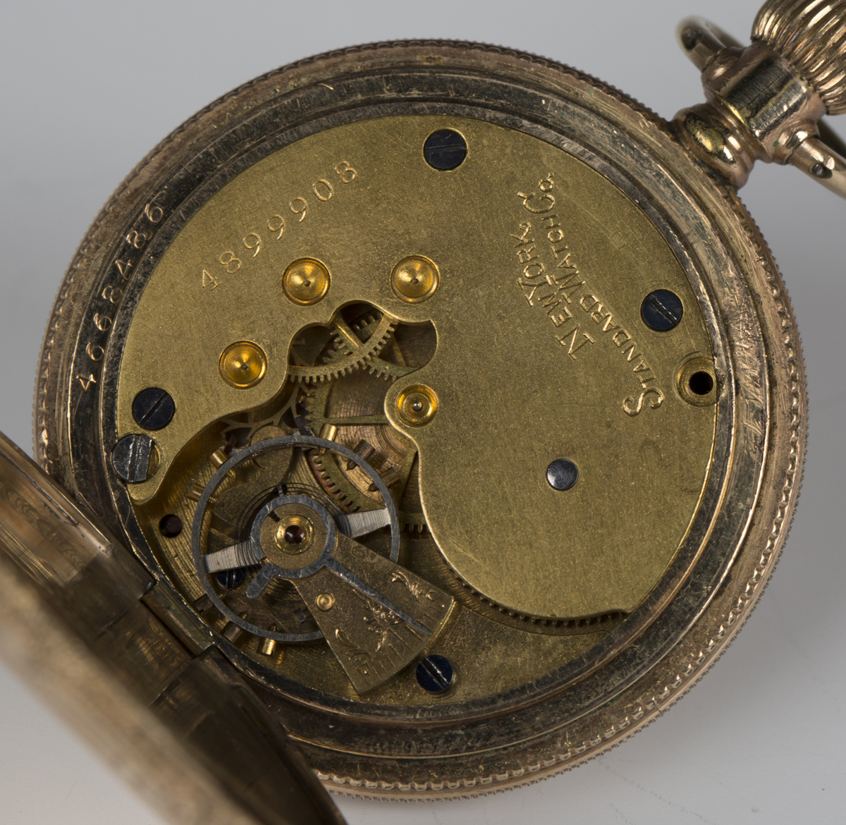 A Standard USA gilt metal keyless wind hunting cased fob watch, the gilt lever movement detailed ' - Image 2 of 8