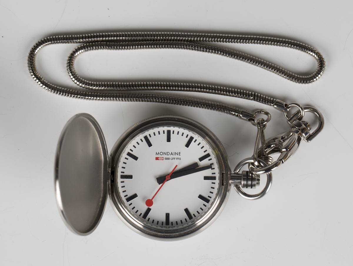 A Mondaine Watch Ltd steel hunting cased pocket watch, the signed white dial with black baton hour