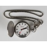 A Mondaine Watch Ltd steel hunting cased pocket watch, the signed white dial with black baton hour