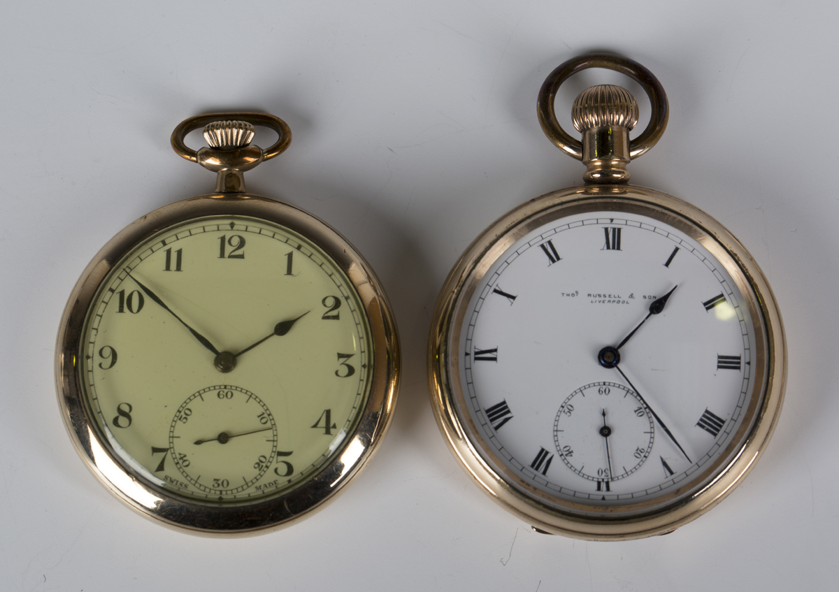 A gilt metal cased keyless wind open-faced gentleman's pocket watch, the jewelled lever movement