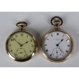 A gilt metal cased keyless wind open-faced gentleman's pocket watch, the jewelled lever movement