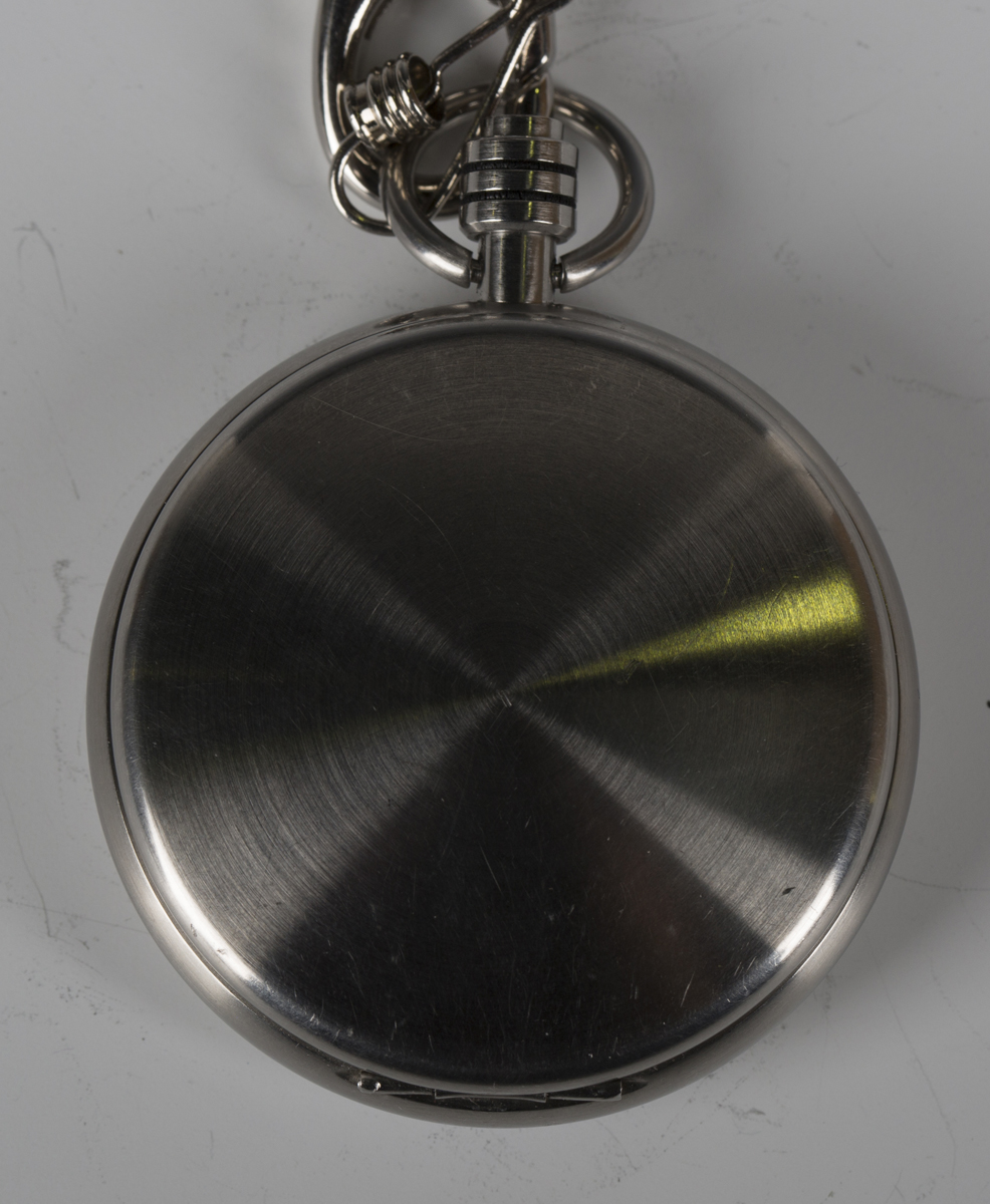 A Mondaine Watch Ltd steel hunting cased pocket watch, the signed white dial with black baton hour - Image 3 of 5