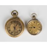An Edwardian 9ct gold cased keyless wind open faced lady's fob watch with unsigned gilt cylinder