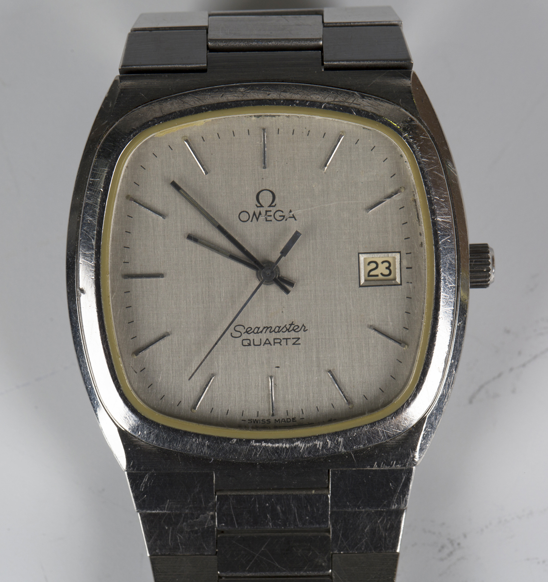 An Omega Seamaster Quartz steel cased gentleman's bracelet wristwatch, the signed cushion shaped