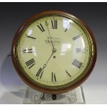 A mid-19th century mahogany circular wall timepiece with brass eight day single fusee movement,