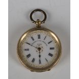 A gold cased keywind open-faced lady's fob watch with gilt jewelled cylinder movement, base metal