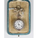 A pale blue enamelled, imitation pearl and red paste set keyless wind open-faced lady's fob watch