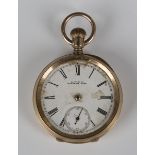 An American gold cased keyless wind open-faced gentleman's pocket watch, the gilt jewelled lever