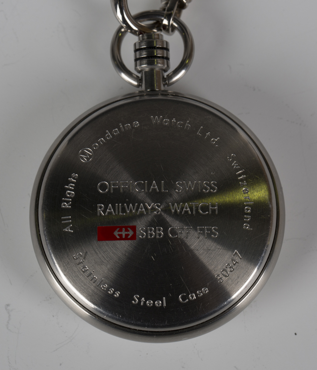 A Mondaine Watch Ltd steel hunting cased pocket watch, the signed white dial with black baton hour - Image 4 of 5