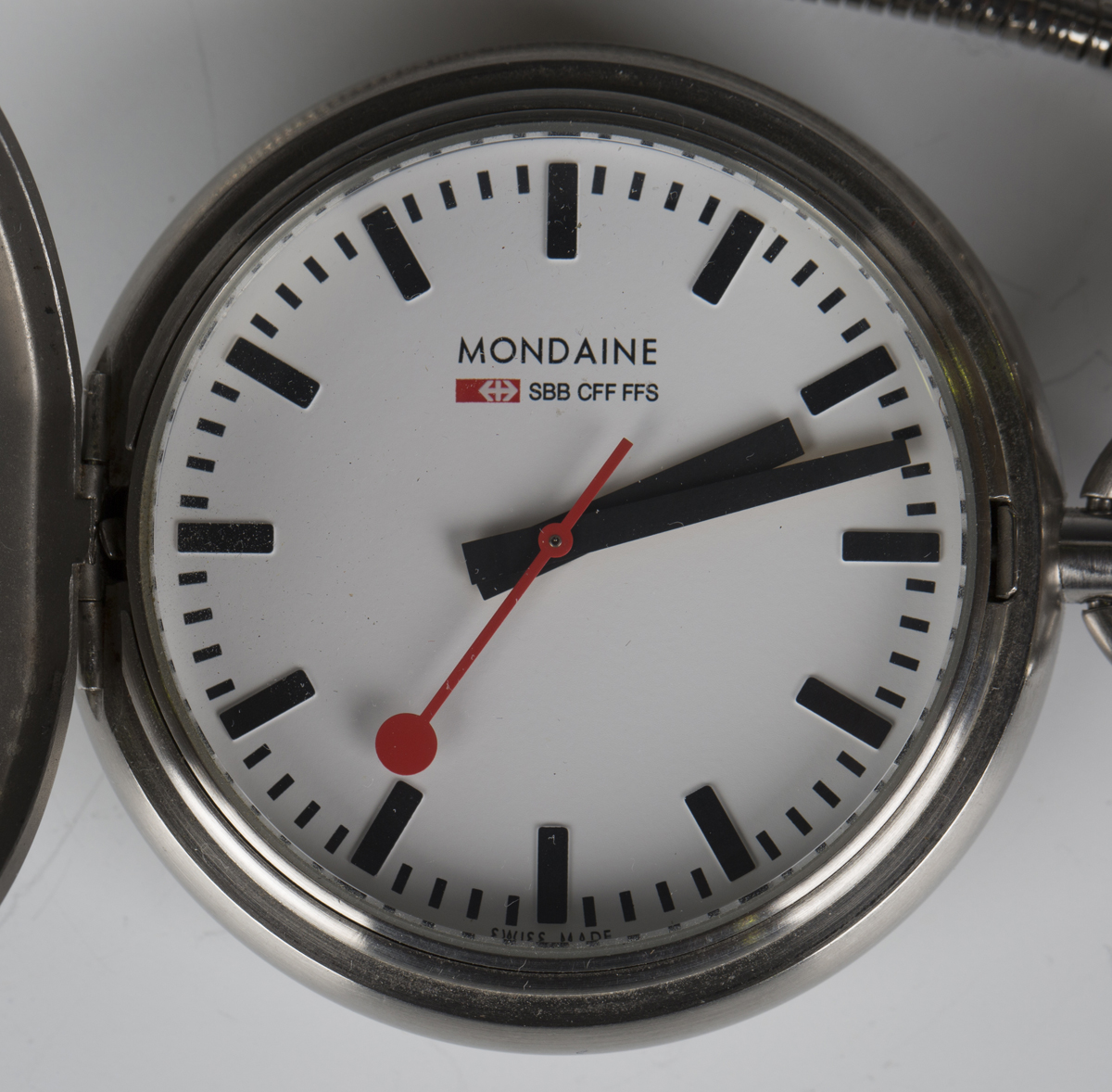 A Mondaine Watch Ltd steel hunting cased pocket watch, the signed white dial with black baton hour - Image 5 of 5