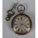 An A. Mathey silver cased keywind open-faced lady's fob watch with signed gilt jewelled cylinder