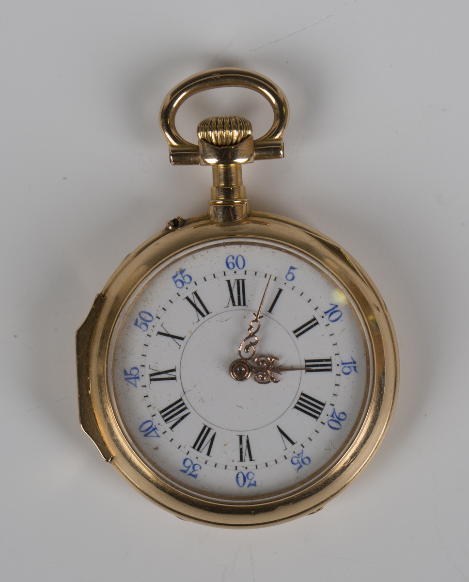 A gold cased keyless wind open-faced lady's fob watch with jewelled cylinder movement, gold inner