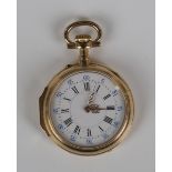 A gold cased keyless wind open-faced lady's fob watch with jewelled cylinder movement, gold inner