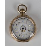 A gold cased keyless wind open-faced lady's fob watch with unsigned gilt jewelled cylinder movement,