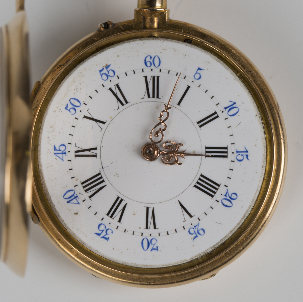 A gold cased keyless wind open-faced lady's fob watch with jewelled cylinder movement, gold inner - Image 8 of 8