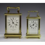 A late 20th century lacquered brass carriage timepiece with eight day movement, the backplate