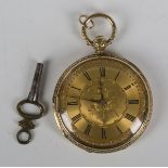 An 18ct gold cased keywind open-faced fob watch with three-quarter plate gilt lever movement, the
