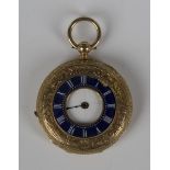 A gold and enamelled half-hunting cased lady's fob watch, the case with engraved decoration,