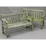 A near pair of 20th century slatted hardwood garden benches, height 84cm, width 122cm, depth 61cm.