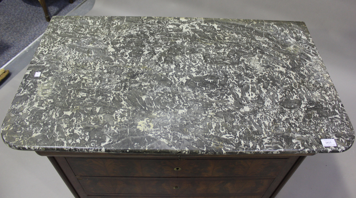 A French Louis Philippe figured mahogany four-drawer commode, the grey marble top above oak-lined - Image 5 of 6